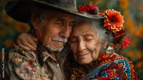 Mexican couple of older adults, who love and hug each other