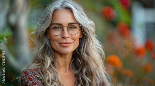 smile smiling woman with long gray hair wearing glasses standing in green park