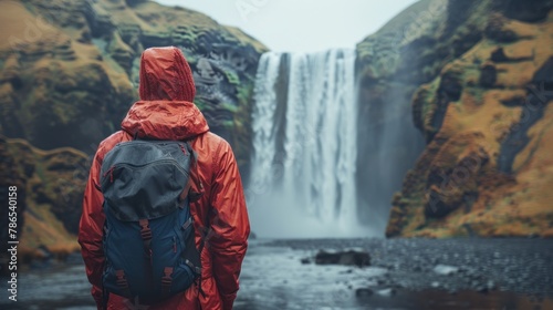 portrait of Skogafoss waterfall in Iceland. Man in jacket looking at waterfall photo