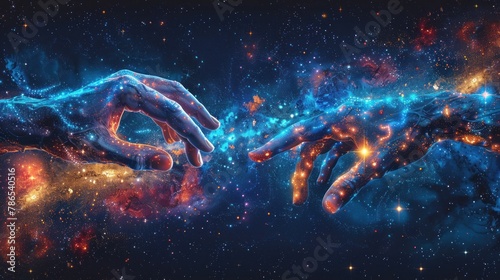 Two hands Sign concept Hand silhouette of man and god, universe starry night dream background. Colorful contemporary art style