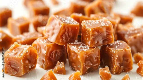 A white background is used to show the salted caramel candy with sauce.