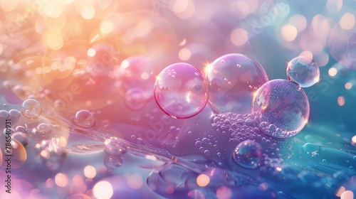 A beautiful and colorful image of bubbles floating in the air with a rainbow-like background. photo