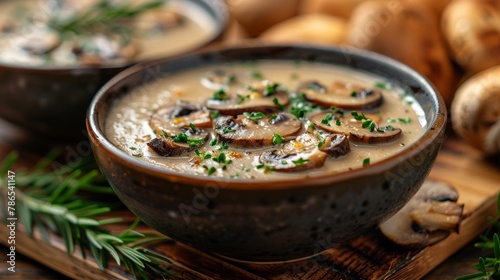 Close-up of mushroom cream soup on wooden background photo