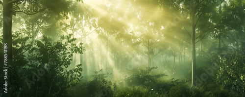 nature background showcasing a lush forest scene with dappled sunlight filtering through the trees.