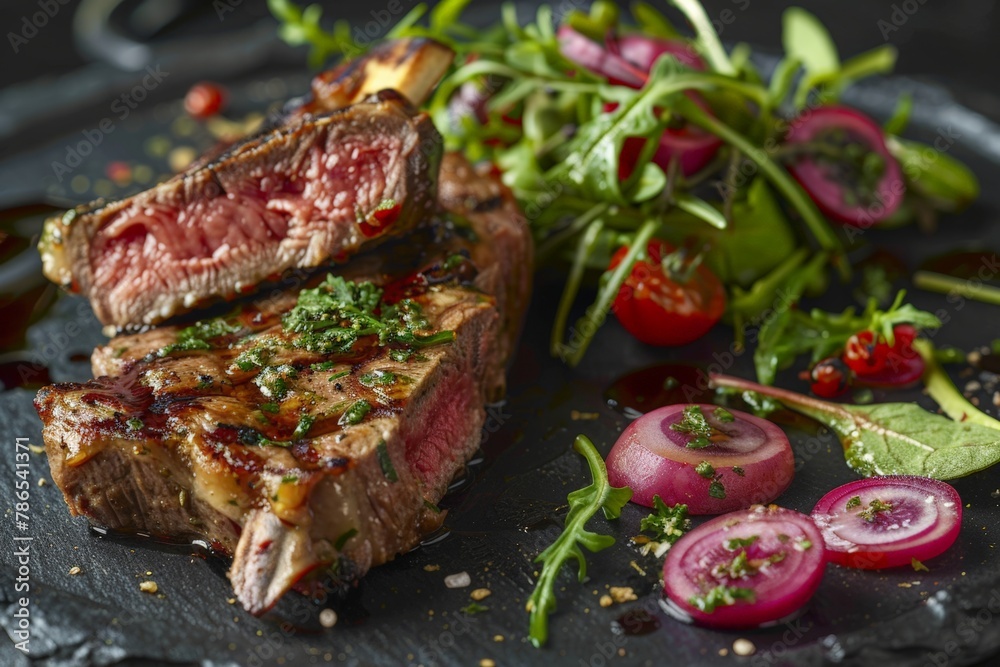 Grilled lamb, bring out natural beauty of the dish, Grilled steak accompanied by fresh greens, vibrant pink pickled onions, juicy cherry tomatoes, flavors of well-seasoned meat and fresh produce