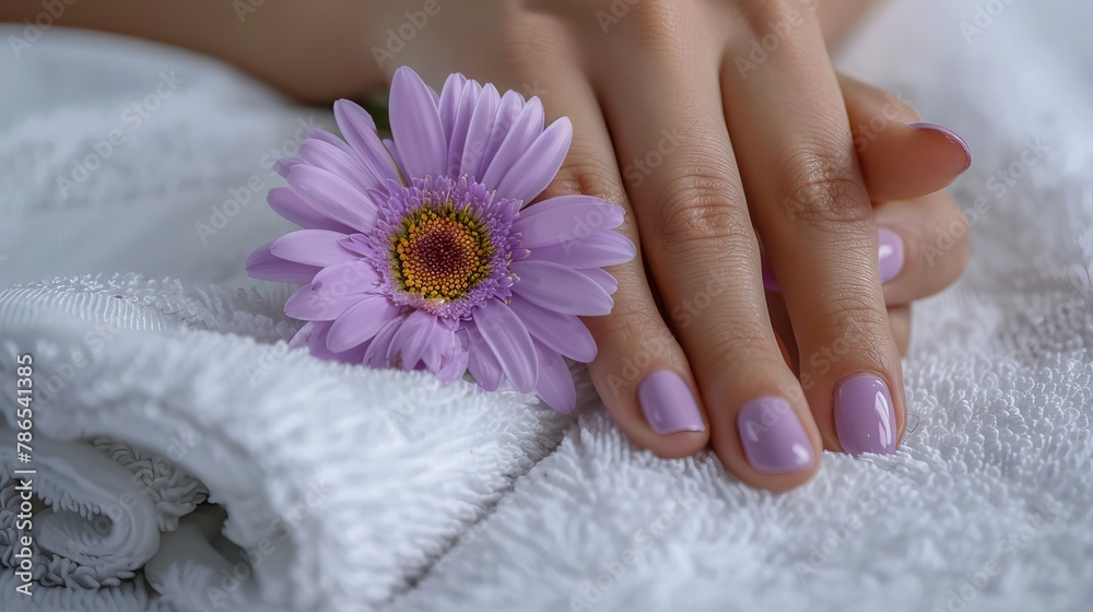 Beautiful purple nails on a woman's hand rest on a white towel with a gerbera daisy flower. Perfect for a spa or wellness card. The color is Very Peri, the trendy color for 2022.