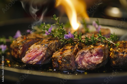 Grilled lamb, bring out natural beauty of the dish, Sliced steak pieces cooked medium-rare, adorned with thyme, fiery giving gourmet feel, smoky scent suggests fresh off grill.