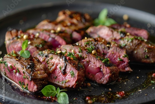 Grilled lamb, bring out natural beauty of the dish, Tender steak cuts on dark plate, sprinkled with herbs, vibrant green leaves add freshness, hints of golden sauce enliven flavors.