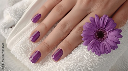 Beautiful purple nails on a woman's hand rest on a white towel with a gerbera daisy flower. Perfect for a spa or wellness card. The color is Very Peri, the trendy color for 2022.