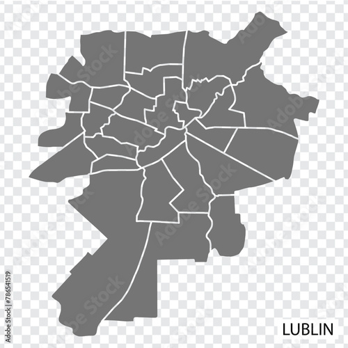 High Quality map of Lublin is a city Poland, with borders of the districts. Map of Lublin for your web site design, app, UI. EPS10.