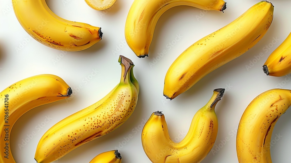 Fresh bananas on white background, top view.