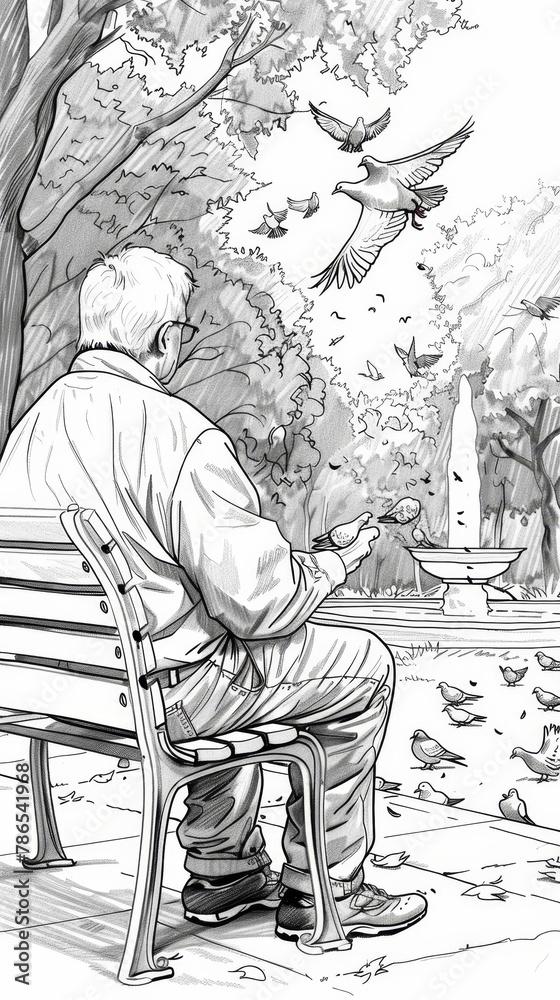 People: A coloring book illustration of an elderly man sitting on a park bench, feeding pigeons