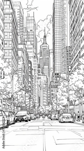 Place: A coloring book page featuring a bustling cityscape with skyscrapers