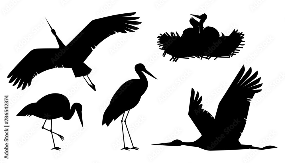 Naklejka premium Silhouette stork set in flight and nesting vector illustration against white background