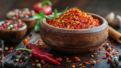Spices and bowl with a chilli pepper on a wooden background