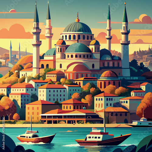 Istanbul A painting of a city with a large blue dome on top of a building
