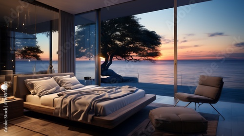 Elegant Bedroom Interior With Double Bed Night Tables Armchair And Seaview Through Window  © Wajid