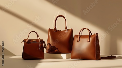 Brown leather handbags for women are displayed on a light beige backdrop. © Suleyman