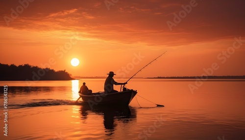 Beautiful nature landscape silhouette fisherman driving a boat to home under the sun, Golden light on the red orange sky at sunset