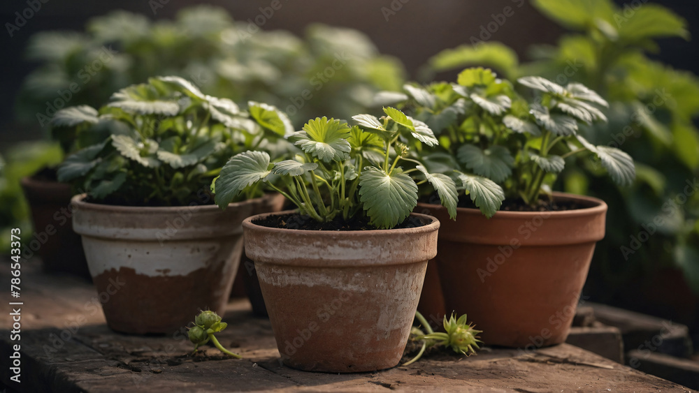 strawberry plants in pots