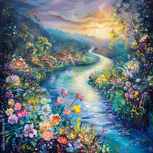 A Magical River Winding Through a Vibrant and Lush Valley,Surrounded by Blooming Flowers and Shimmering Sunlight photo