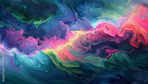 Abstract acrylic painting blending neon green, radiant pink, profound blue, and purple in a cosmic dance. Vibrant background pattern embodies chaos and beauty of the universe.