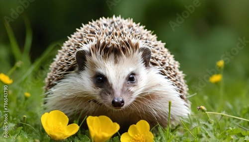 Hedgehog, in natural garden habitat with green grass