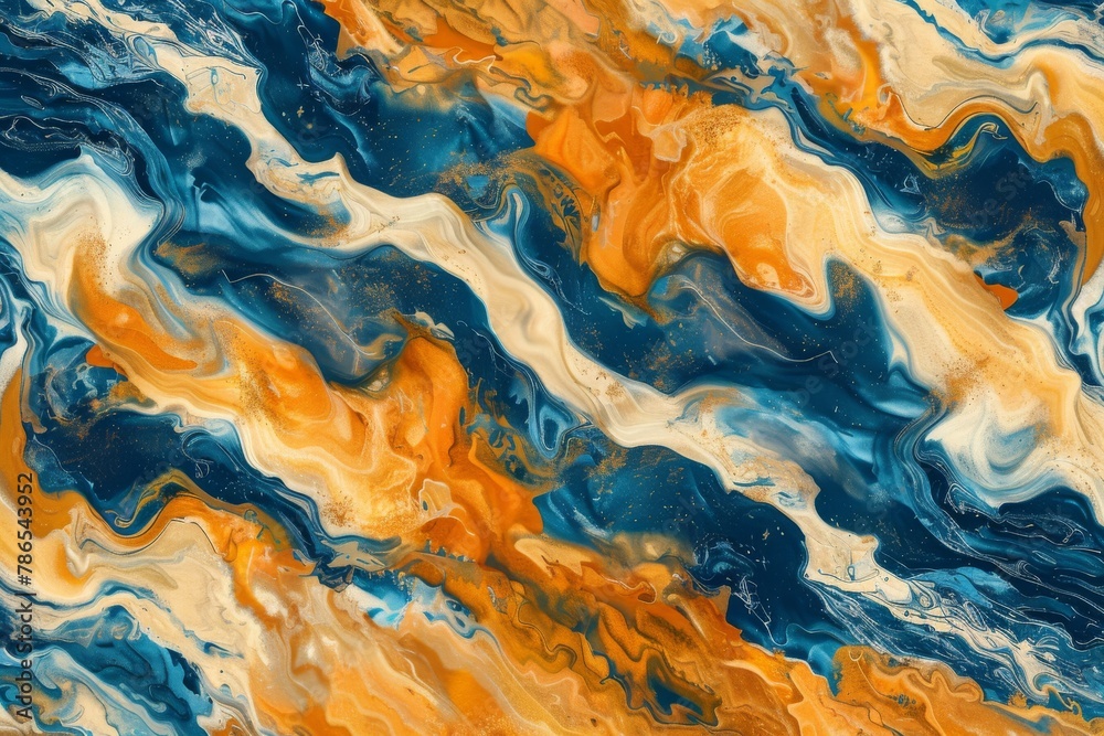 Vibrant tiger orange transitions into calming corn yellow and sand tones under a canopy of serene cyan blue, creating an abstract masterpiece inspired by nature's harmony and diversity.