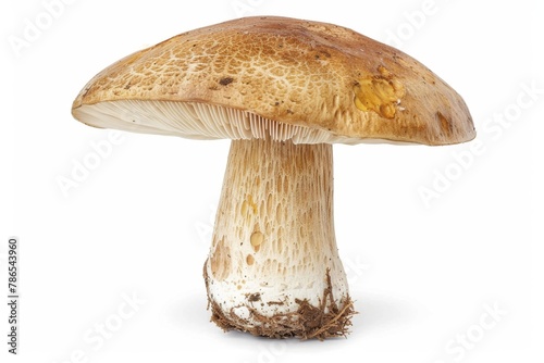 Close-up photo of one wild mushroom with a textured cap and white stem on a clean white background, offering ample copy space.Natural food, foraging, vegetarian, ingredient