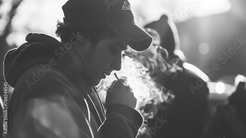 Silhouette of a young individual smoking, with smoke swirling around and backlit by a bright light.