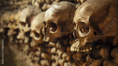 Dark, historical perspective of a wall closely packed with ancient human skulls and bones, in sepia tone.