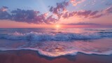 An ethereal sunset over calm Mediterranean waters with gentle waves and gentle reflections on the shore