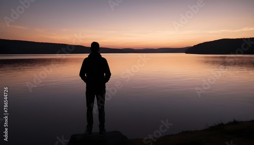 Silhouette of an adult at sunset sky with a lake in the background