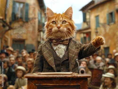 In a scene filled with absurd humor, a cat serves as the mayor, delivering a speech at a podium in the town square to an amused crowd