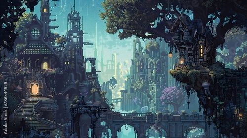 Delve into a dreamlike scene with an imaginative twist, featuring intricate details and hidden symbols representing psychological concepts, rendered in pixel art with a surprising rear view perspectiv photo