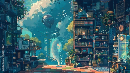 Delve into a dreamlike scene with an imaginative twist, featuring intricate details and hidden symbols representing psychological concepts, rendered in pixel art with a surprising rear view perspectiv photo