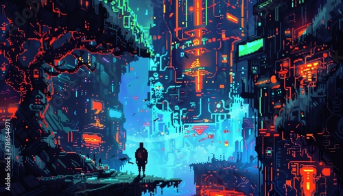 Design a pixel art composition portraying futuristic technologies entwined with horror elements from a tilted angle perspective Experiment with glitch art effects and vibrant colors to create a haunti