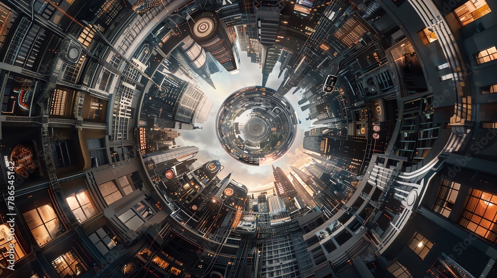 Obraz premium Explore a wide-angle view of a futuristic cityscape interconnected with the human mind, blending virtual reality interfaces with subconscious desires, captured from unexpected low-angle camera shots i