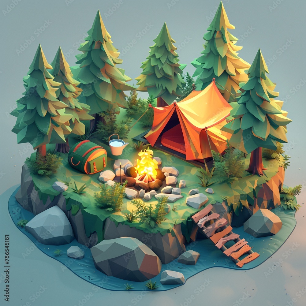 An isometric view of an eco-friendly camping site, tents made of recycled materials, surrounded by lush greenery.