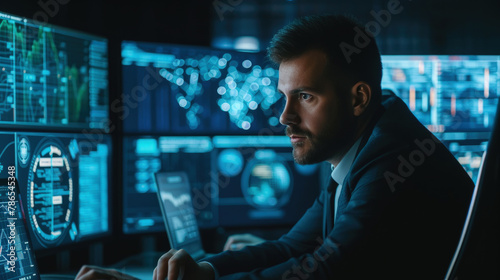 Cybersecurity expert in a dark, high-tech room, intently analyzing screens with complex code and network monitoring graphics, symbolizing frontline defense against cyber threats