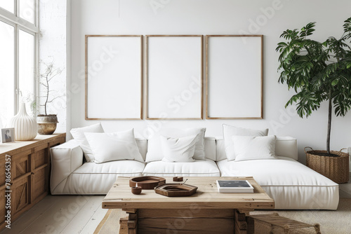 Documentary photography style of a Japanese home interior  modern living room with a square coffee table  white sofa  rustic cabinets  white wall  blank poster frames