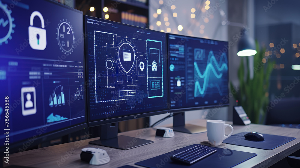 © Mongkol - A computer desk with three monitors and a cup of coffee. The monitors are displaying various graphs and charts, and the coffee cup is placed on a mouse pad. Concept of productivity and focus