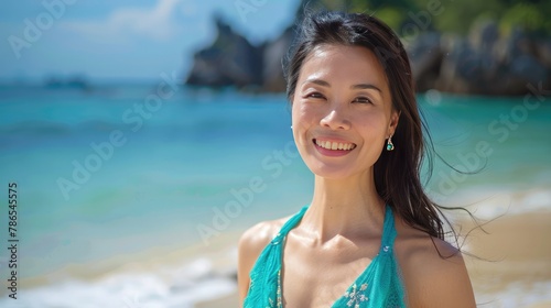 Elegant Mature Woman Enjoying Breeze at Tropical Beach