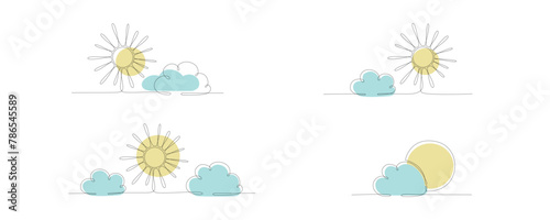 Sun and cloud set - hand drawing one single continuous line banner. Vector stock illustration isolated on white background for design template weather forecast, travel blog. Editable stroke. 