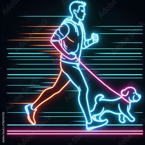 Neon silhouette of a man running with a dog