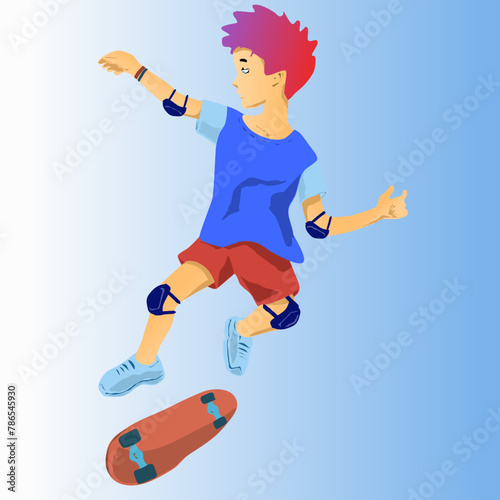 Illustration of a boy performing a trick on a skateboard. stylish hairstyle and sportswear. Vector boy in red sherts and blue t-shirt making in a jump. On the arms and legs there are protective