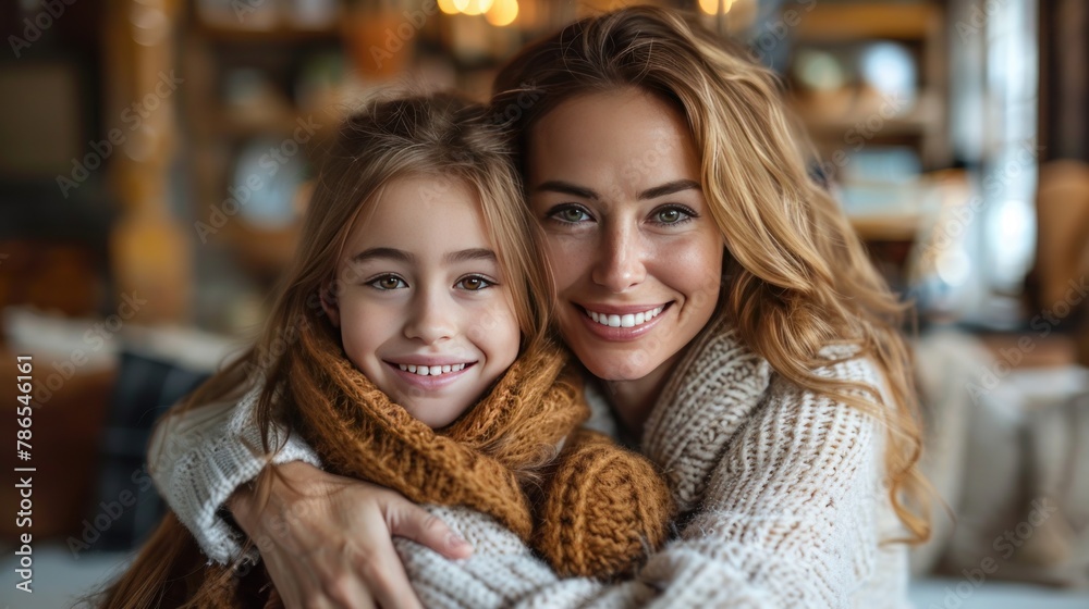 Happy girl with mother using laptop for video call in living room at home