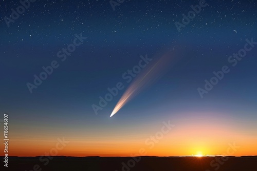 Sunset ocean horizon with comet in the starry sky and copy space astronomy, exploration, serenity, travel, nature