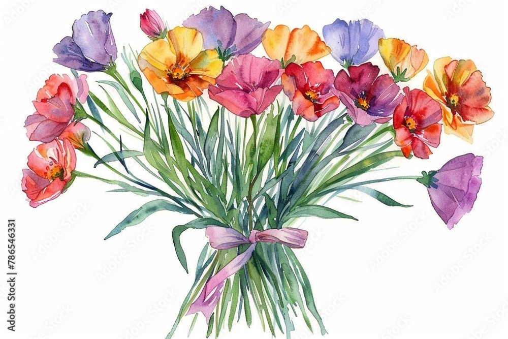 Watercolor illustration of a International Day of families themed bouquet of florals tied with a ribbon, isolated on a white background