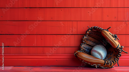 Wooden background with baseball glove holding ball, Generative AI photo